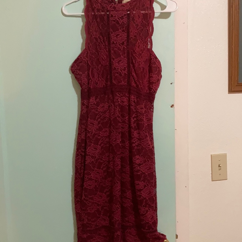 Maroon lace dress.